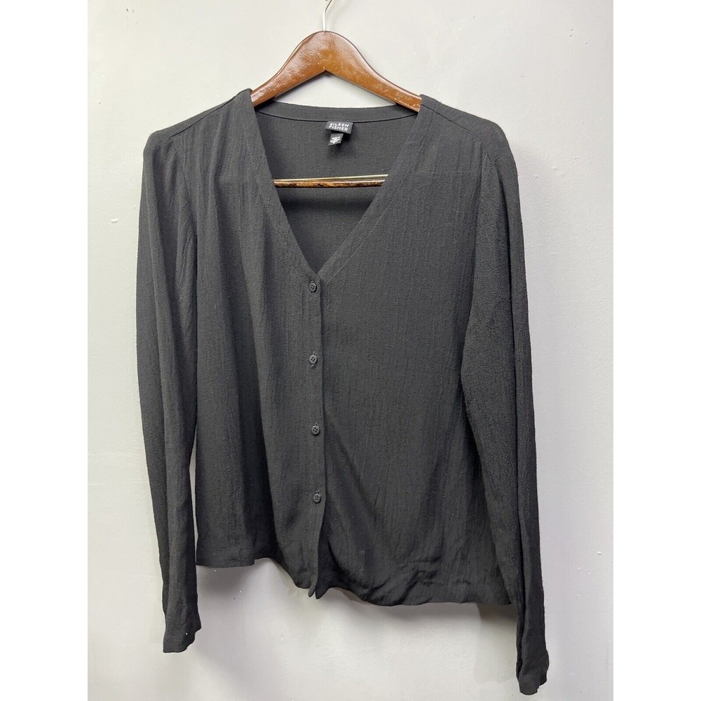 Eileen Fisher Cardigan Women Small Black Rayon Linen V-Neck‎ Button Textured